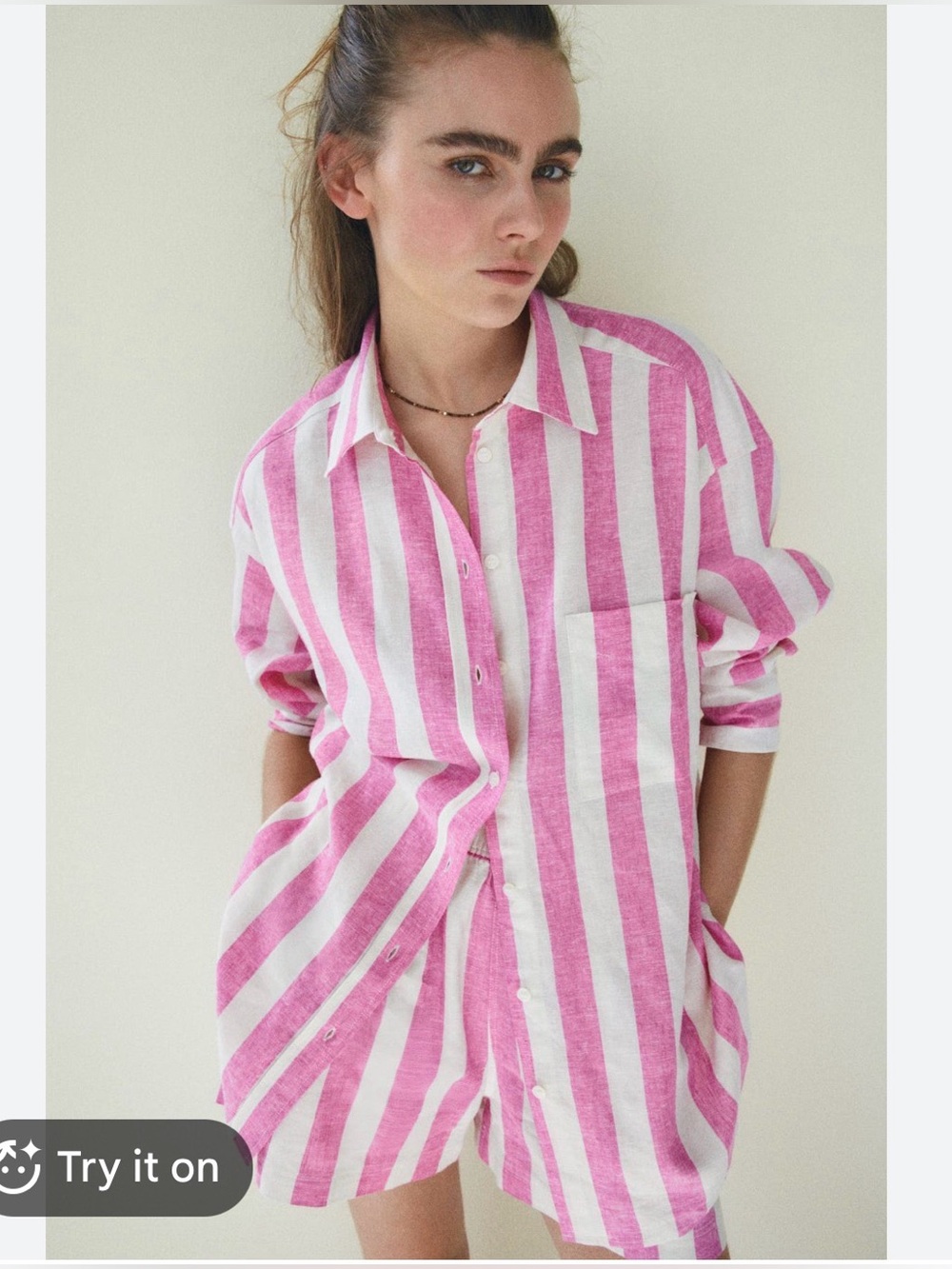 H&M Pink and Cream Striped Button-Up Shirt & Short Set